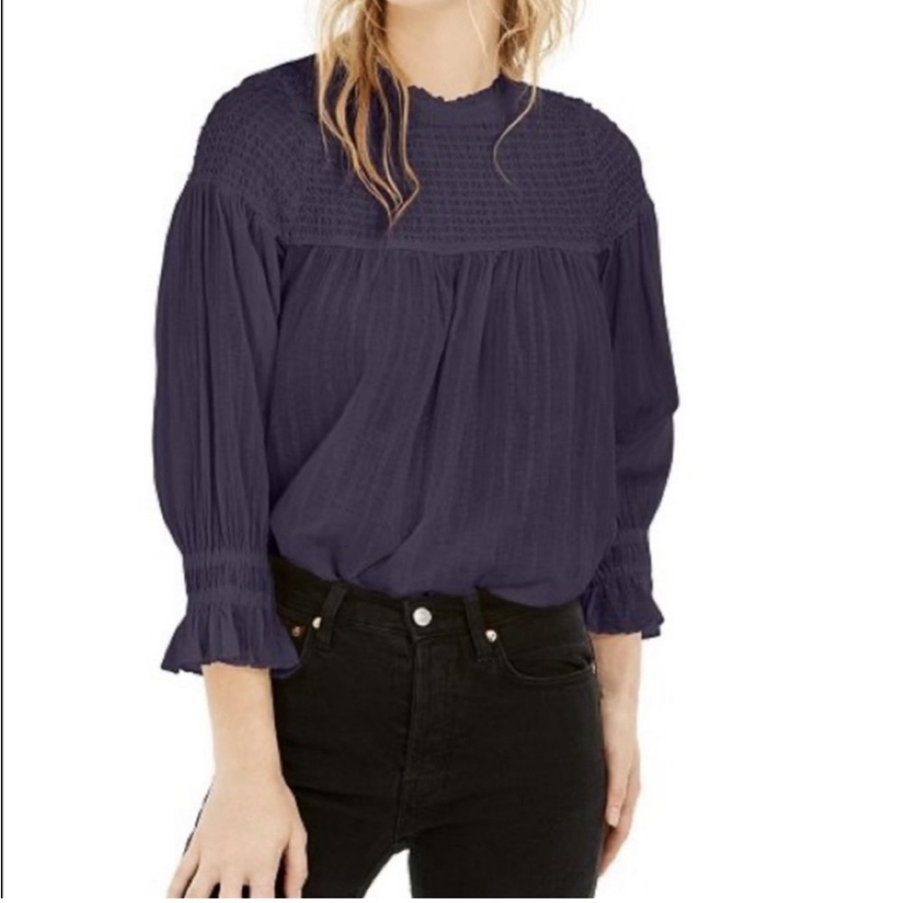 FREE PEOPLE Obi Mila Smocked Cotton Tunic In Blue size XS